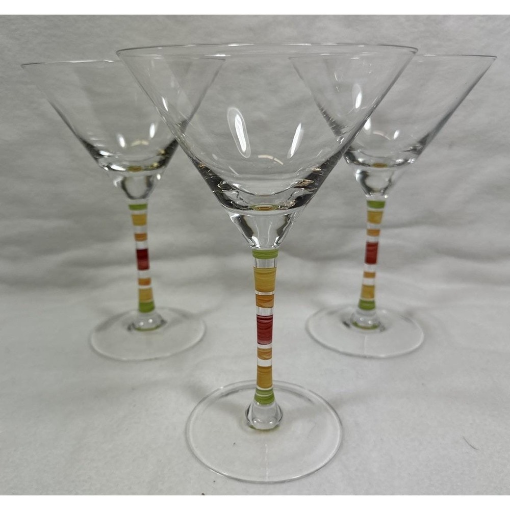 Crate & Barrel Caprice Citrus 7" Martini Glasses Set Of 3 Striped Stem
